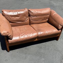 Mid Century Danish Teak & Leather  Loveseat Sofa by Mikael Laursen