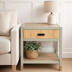 Custom Organic Side Table - Refinished Nightstand -Sage Green & Wood