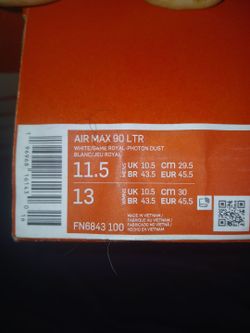 Size 11.5 Air max 90 LTR blue and white, a little dirty on bottom but am asking 60. They are going for 140 on stock x
