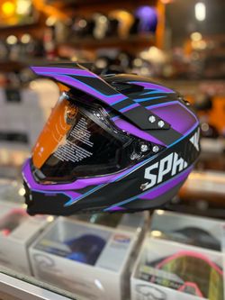 Matte black and purple dot dual sport adventure helmet $150
