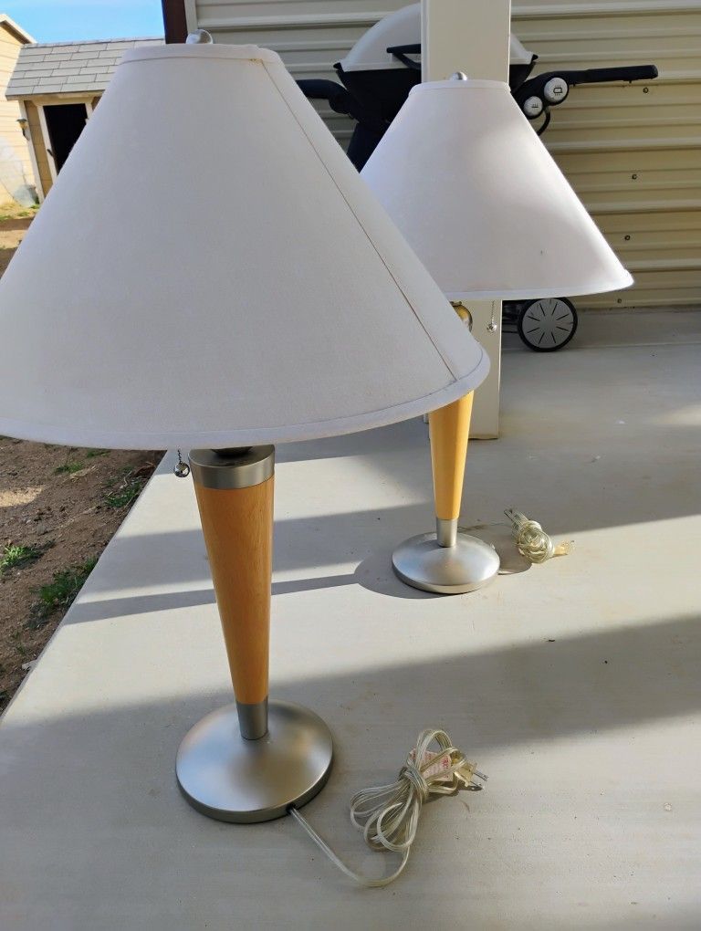 Pair Vintage Tall Table Lamps Silver & Wood