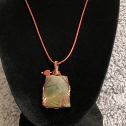 Copper Colored Necklace With Jade Stone Pendant Wrapped In Copper…Handmade 