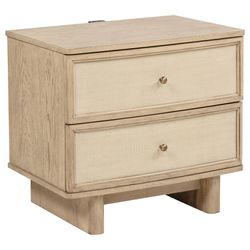 New Modern Coastal Nightstand with USB-A/C Charging | 2-Drawer Beige Oak & Cane Bedside Table