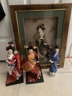 Asian Picture And 3 Figurines 