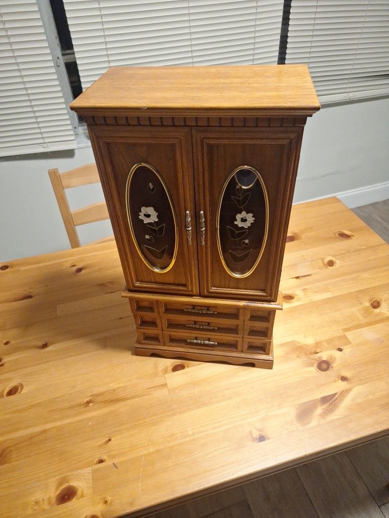 Vintage Antique Jewelry Box, Wood, With Mirror