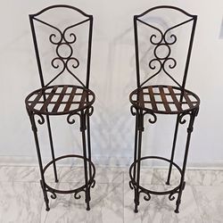 Vintage Scrolled Wrought Iron Bar Stools (Pair)