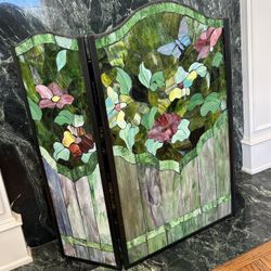 Vintage Tiffany LEADED GLASS Fireplace Screen **CRACKED** Sold As Is** Stained Glass Meyda Butterfly Wrought Iron Heavy Collectible Antique Decor Gorg