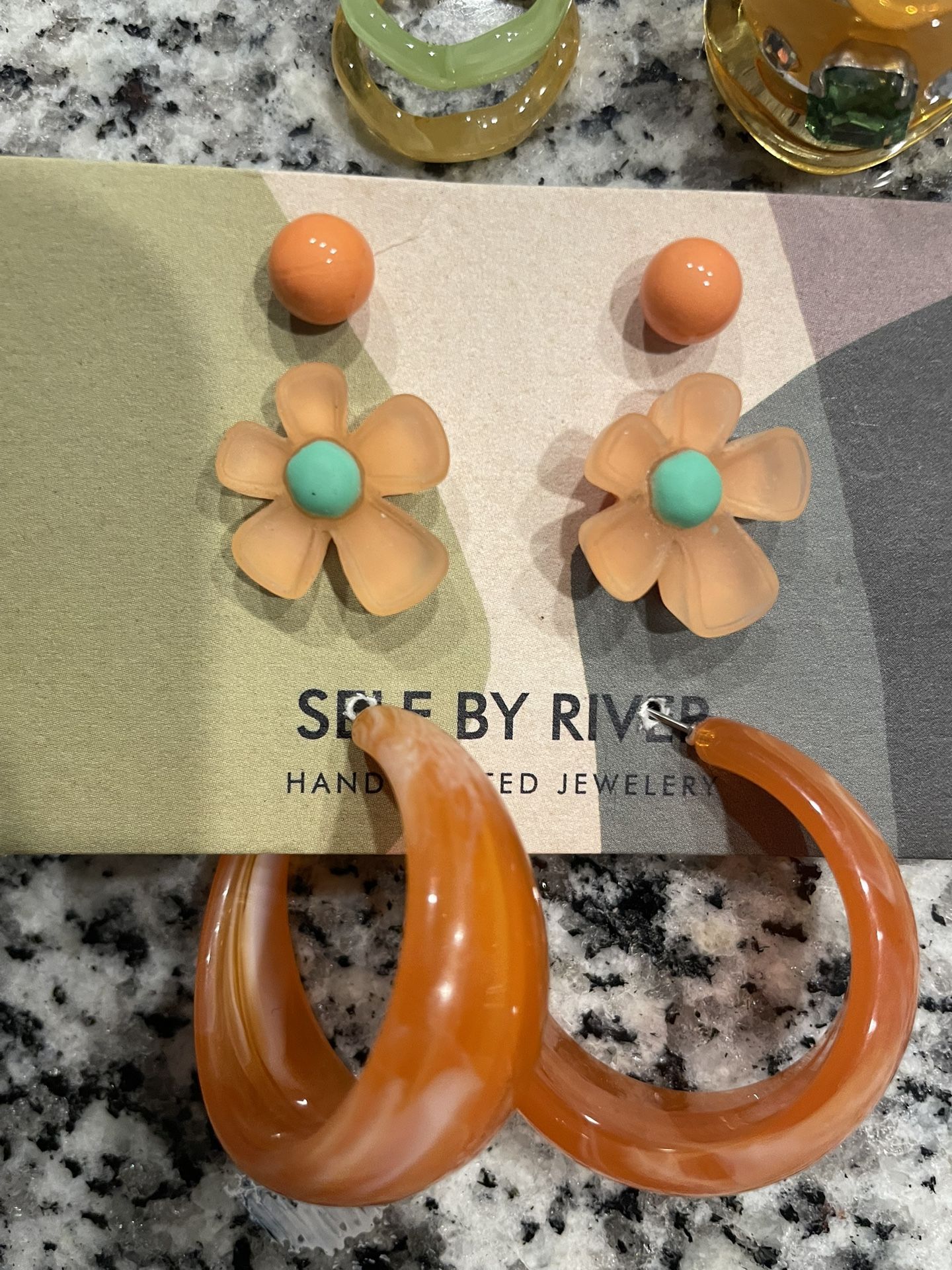 Orange Flower Earring + Chunky Hoop + Resin Ring Set (Brand New)