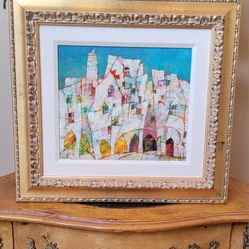 HARRY GUTTMAN ORIGINAL OIL PAINTING ABSTRACT CITY BUILDINGS SIGNED GOLD FRAME