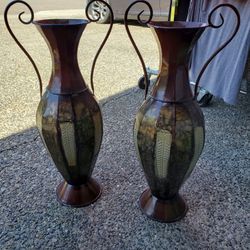 2 Tall Metal Floor Vases