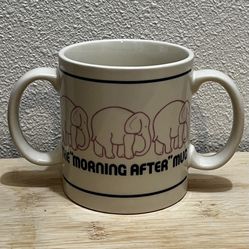 Vintage 1982 Japan “Morning After” Elephant Coffee Mug Double Handle Cup Glass