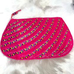Vibrant Straw Multicolored Fushia Clutch Purse