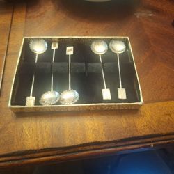 Vintage Set Of 5 Sterling Silver Asian Cocktail Stirrer Spoon