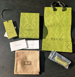 Gucci (Empty) Green Embossed Logo Box ~ 6.25"x 4.5" x 1" + Extras