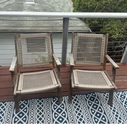 Outdoor Wood and Rope Woven Arm Chairs