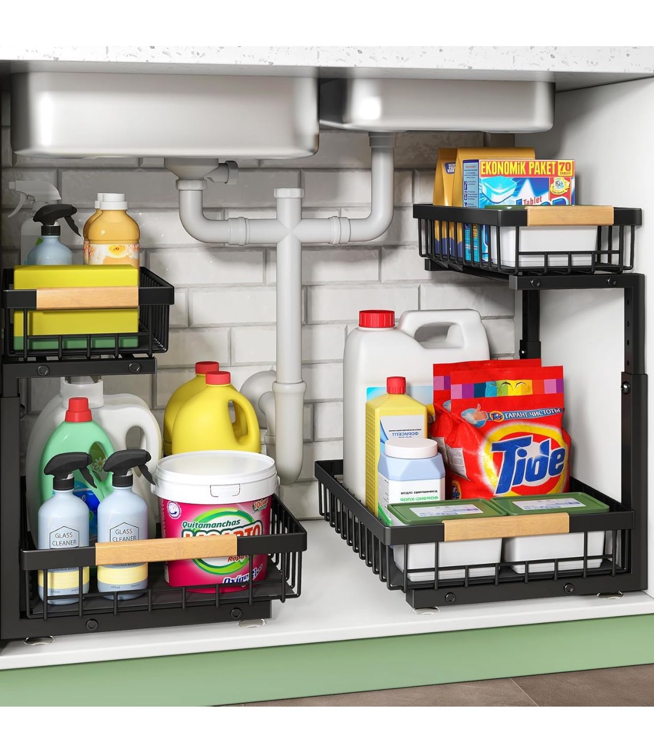 Under Sink Organizer, 2 Packs 2 Tier Under Sink Organizers and Storage, Slide out Pull out Cabinet Organizer Shelf, Metal Sliding Drawer for Kitchen B