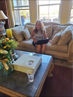 Elegant Matching Sofa & Loveseat Set – Beige Upholstery & Ornate Carved Trim