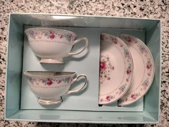 Grace Teaware Boxed Set of 2 Porcelain Tea Cups and Saucers Pink & Blue Floral: New!
