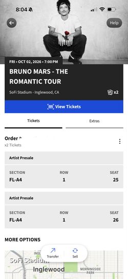 Bruno Mars Front Row Floor Sofi Fri October 2