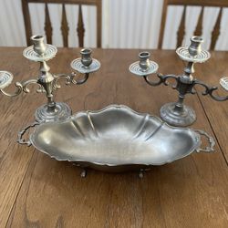 Pewter Candleabra & Bread Bowl