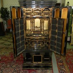 Antique Japanese Gilt & Black Lacquer Buddhist Shrine Cabinet Altar