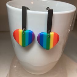 Rainbow Silver Tone Heart Dangle Earrings
