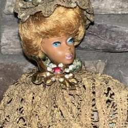 Original White Ginger Bubble Cut Barbie 1960's An Extravagant, Handmade Gown, Headpiece, And Brooch