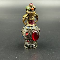 Vintage Tibetan Style Snuff Bottle – Red Gemstone Inlay / Handcrafted Collectible