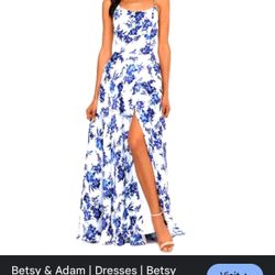 prom dress, betsy and adam, white, blue flowers, silk, size 10