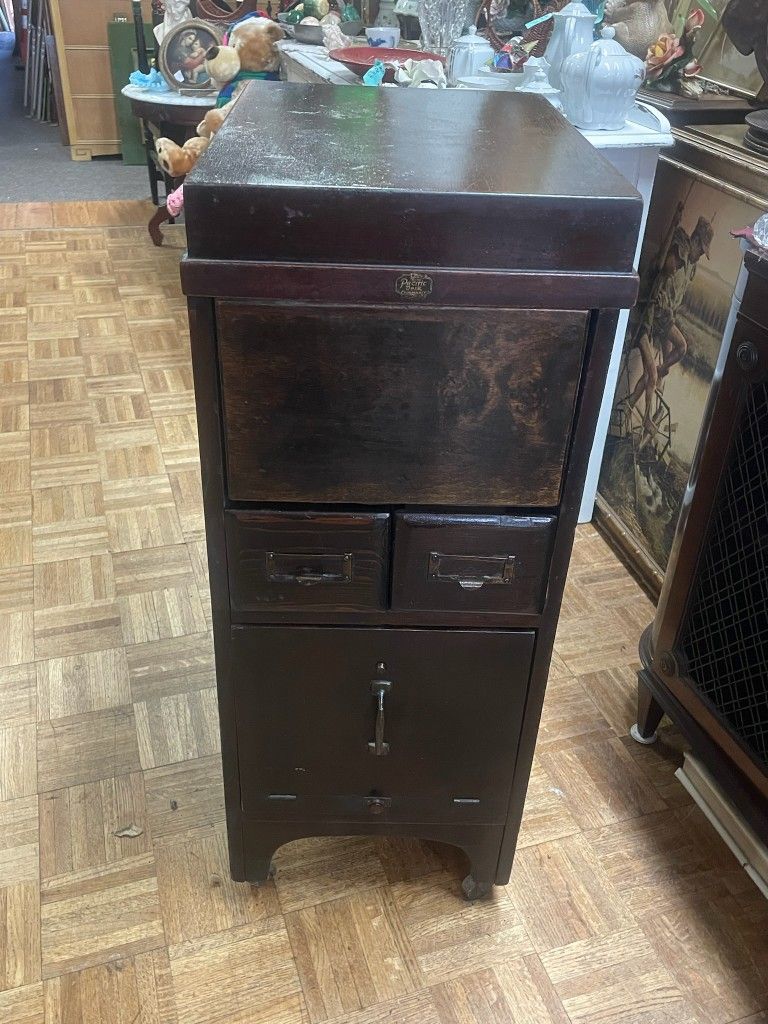 Antique 1900s Rolling File Cabinet Card File Top Opens For Storage Great Size 21 By 16 By 38