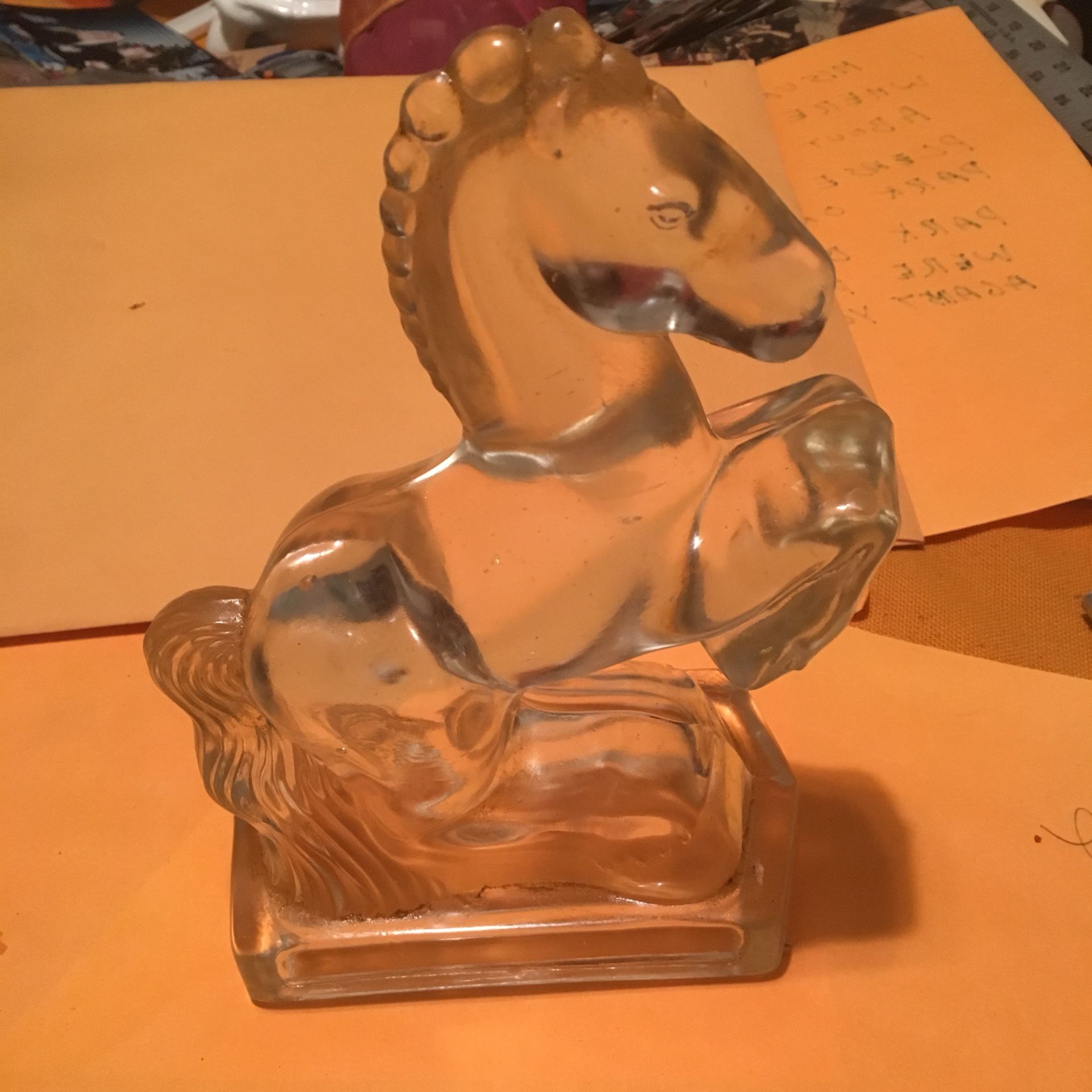 Two heavy glass horse bookends 8” tall