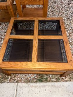 Vintage Oak Wood Coffee/End Tables With Glass Top