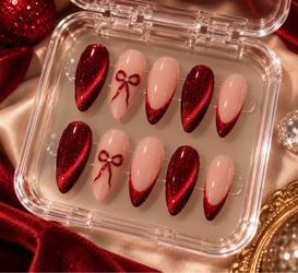 Red Cat Eye Press On Nails – Almond Gel Nails – Handmade