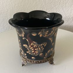 Hand Painted Ceramic Pot Ornate Brass Footed Base 