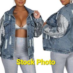 2xl Ladies Denim Jacket Fully Sequined Sleeves!