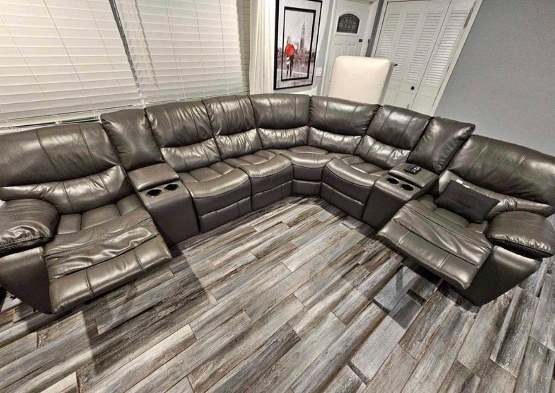 Madrid, grey leather reclining sectional now only $1399. Easy finance option. Same day delivery.