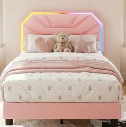 XL Twin Pink Upholstered Bed Frame with LED Headboard – Open Box