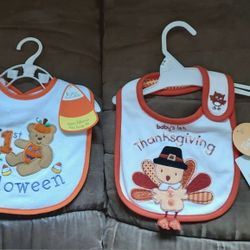 New Baby Holiday Bibs set of 2 - Baby's 1st  first Halloween & Thanksgiving
