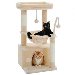 4-in-1 Cat Tree 33'' Tower For Indoor Cats With Large Condo Deep Hammock& Cozy Top Perch Beige