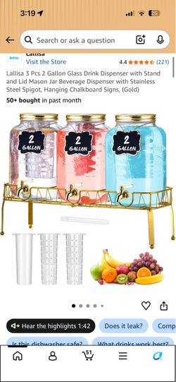 3 Pcs 2 Gallon Glass Drink Dispenser with Stand and Lid Mason Jar Beverage Dispenser with Stainless Steel Spigot