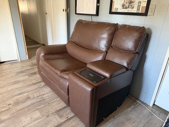Brown Leather Power Recliner Loveseat with Console