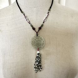 Jade And Garnet Chinese Dragon  Pendant Necklace 