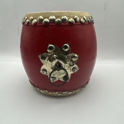 20th Century Chinese Traditional Small Red Tanggu. Wood, Cowhide, Metal 6x6 In.