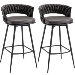 BV Bar Height Bar Stools Set of 2, 30 inch Seat Height Bar Stools, 180° Swivel Barstools with Woven Back and Footrest, Suede Fabric Counter Stools for