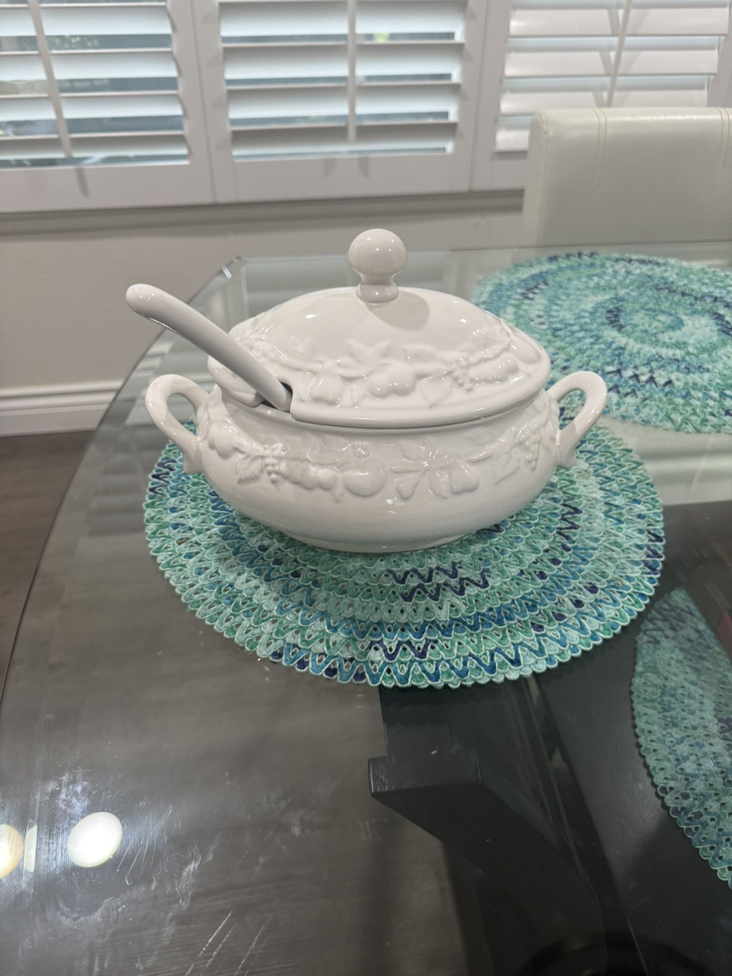 Vintage White Ceramic Soup Tureen with Ladle