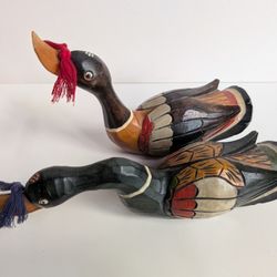 2 Vintage Korean Handmade Wood Ducks Wedding Birds Decoy