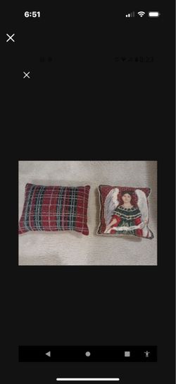 Christmas Accent Pillows. Needlepoint Pillow Is 11 By 11 In. Beaded Pillow Is  11 By  14  In .