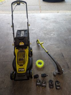 Ryobi one HP electric lawn mower, weed Wacker with chargers