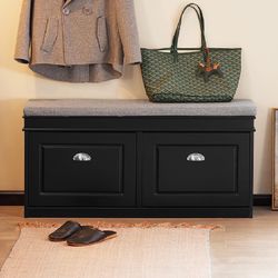 SoBuy Black Storage Shoe Bench with 2 Flip Drawers, Hidden Shoe Bench, Free Standing Shoe Rack, Shoe Cabinet, Hallway Storage Bench with Seat Cushion 