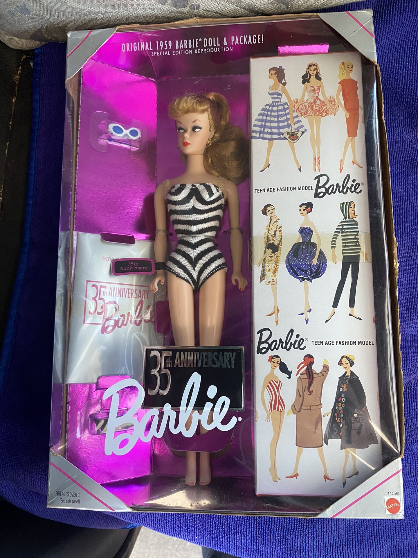 Barbie Doll Blond 35th Anniversary 1959 Reproduction Pedestal Stock